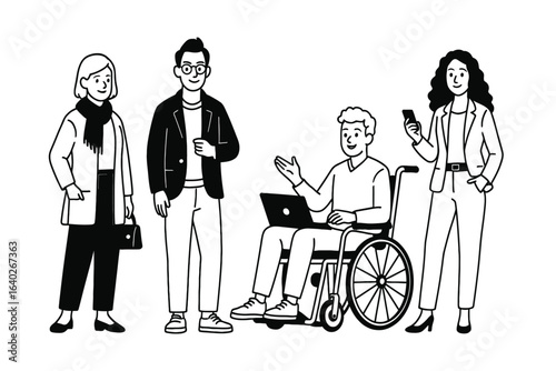 Diverse group of business people and professionals standing and sitting, black and white illustration.