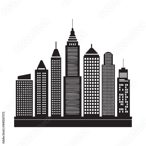black skyline vector featuring tall buildings and skyscrapers in cityscape silhouette style on white background