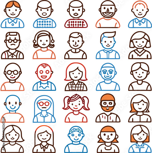 Diverse Collection of Stylized Human Avatars in Orange and Blue Outline icon people