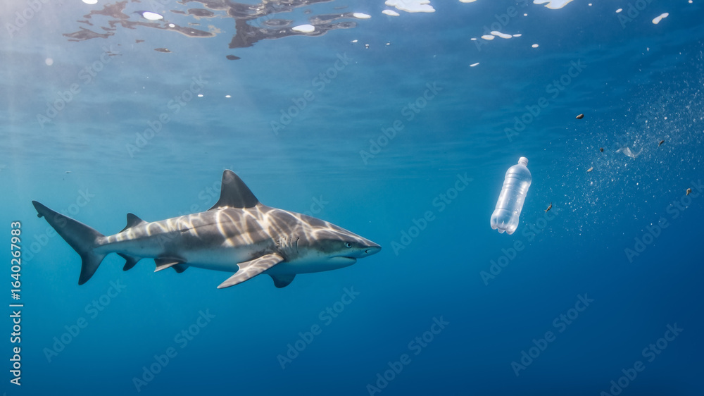 Fototapeta premium Shark swimming near a floating plastic bottle in the ocean. Plastic pollution in the marine environment affecting wildlife.