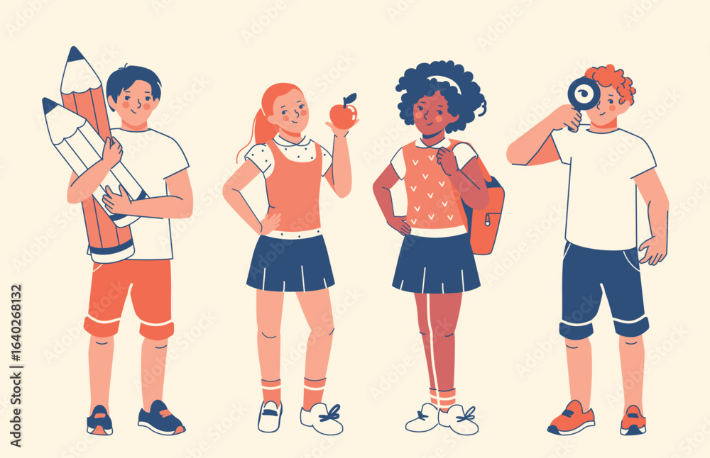 Fototapeta premium Flat style design with pupils: boys holding giant pencils, student with loupe and girls with school supplies, symbolizing collaborative learning. Isolated vector characters