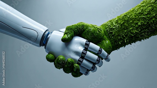 Futuristic handshake between robot hand and green eco hand