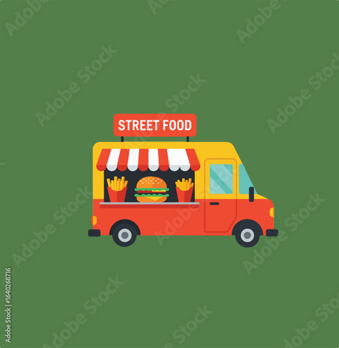 A digital art illustration of a street food van featuring a yellow roof with a striped awning and the words "STREET FOOD" written on a red sign.