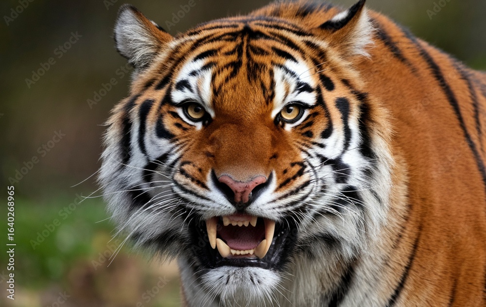 Naklejka premium A close-up of an angry tiger face looking at the camera