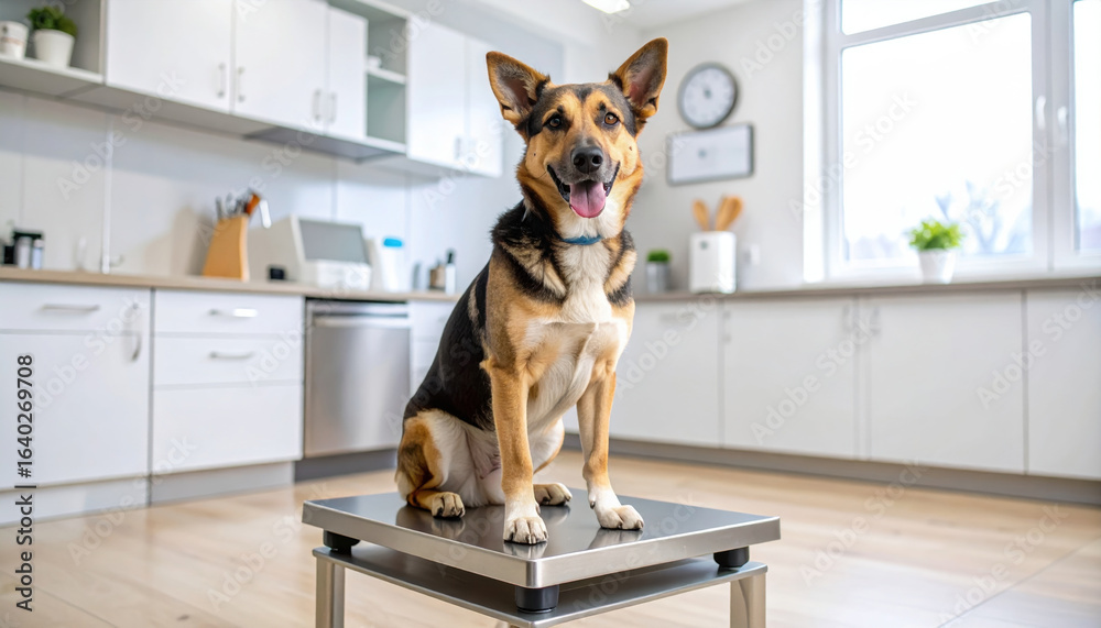 Happy dog sits on stainless steel table in modern kitchen, showcasing its playful personality. bright, airy space features white cabinets and wooden accents, creating welcoming atmosphere Happy dog sits on stainless steel table in modern kitchen, showcasing its playful personality. bright, airy space features white cabinets and wooden accents, creating welcoming atmosphere