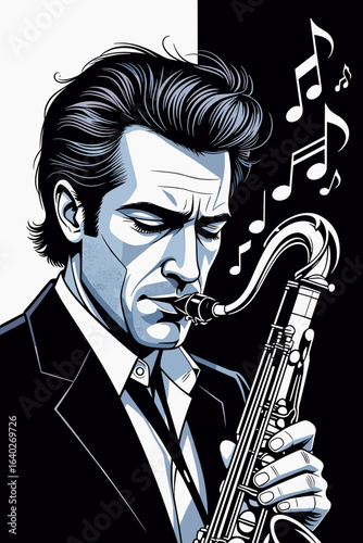 Jazz musician plays saxophone passionately in a stylish black and white setting