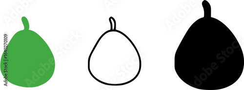 Three pear illustrations: green, outline, and black silhouette.