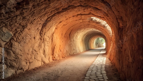A sandstone tunnel curves towards a bright