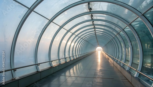 A glass-enclosed walkway with a tiled floor stretches into the distance with a bright light at its