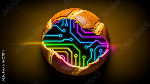 Creative concept of digital circuit board inside bread with glowing neon technology design