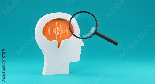 A brain shape made from paper and a magnifying glass on a light blue background