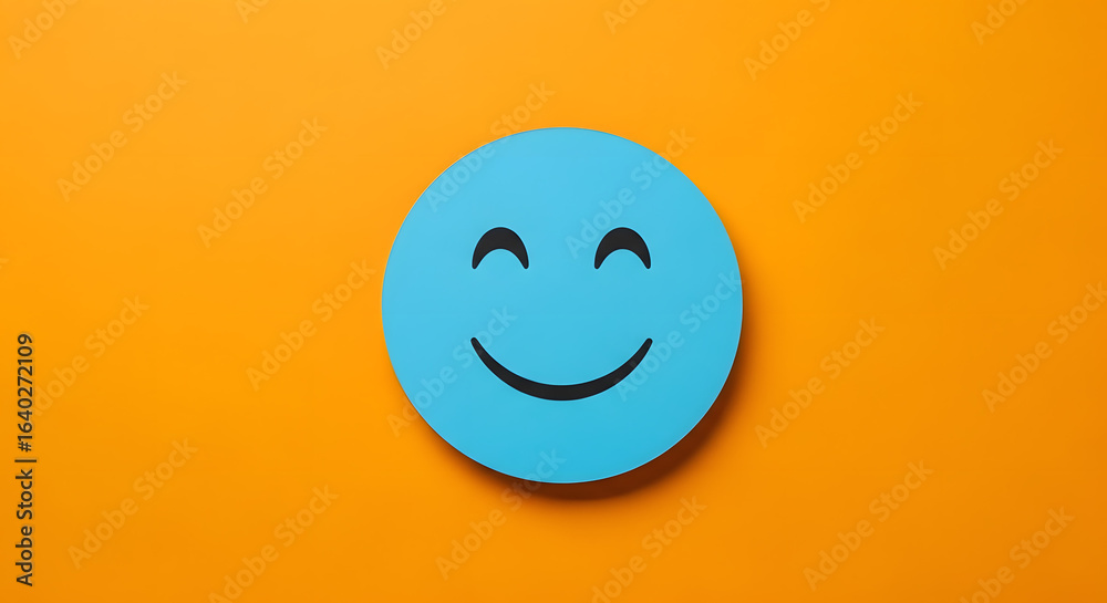 Fototapeta premium Blue round circle with a happy or smiley face icon on it against yellow background.