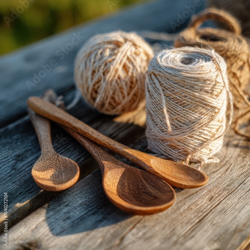 Natural Wooden Spoons and Twine Spools on Rustic Wooden Table with Soft Focus Background in Warm Natural Light