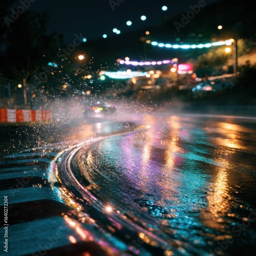 Nighttime Racing Scene with Colorful Reflections on Wet Track Surrounded by Blurred Lights and Spectacular Atmosphere of Adrenaline and Speed