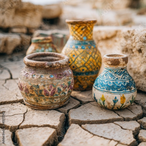 Ornate Handcrafted Clay Pots Displaying Vibrant Patterns Resting on Cracked Earth with Natural Background Highlights of Artisanal Craftsmanship and Cultural Heritage