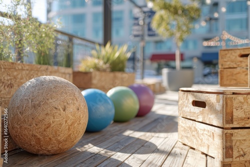 Outdoor Relaxation Area Featuring Colorful Exercise Balls and Natural Elements for a Vibrant and Inviting Atmosphere