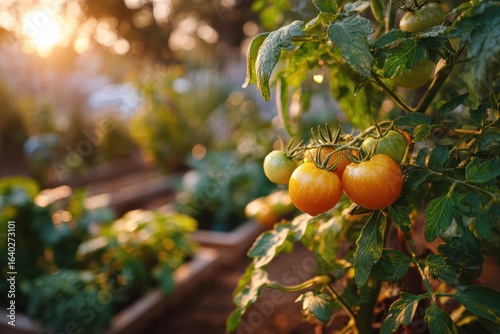 Ripe Tomatoes Growing in a Vibrant Garden with Sunlight Filtering Through Leaves Producing a Warm, Inviting Atmosphere in Nature's Bounty