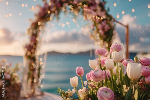 Romantic Floral Archway Overlooking Serene Ocean at Sunset with Twinkling Fairy Lights and Soft Blooms in a Dreamy Wedding Setup