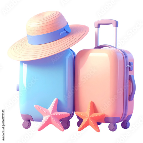 Colorful travel suitcases and a straw hat, ready for a summer vacation.