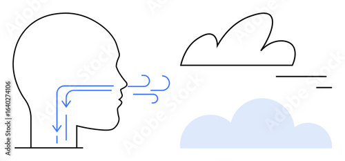 Human head in outline with arrows indicating airflow, positioned beside clouds representing air and environment. Ideal for health, respiration, lungs, anatomy, wellness, science, simple landing page