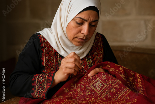 Woman Embroidering Traditional Palestinian Tatreez, Photo