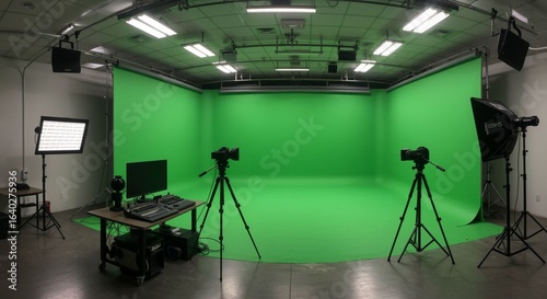 Professional chroma key studio setup with cameras, lights, and editing station
