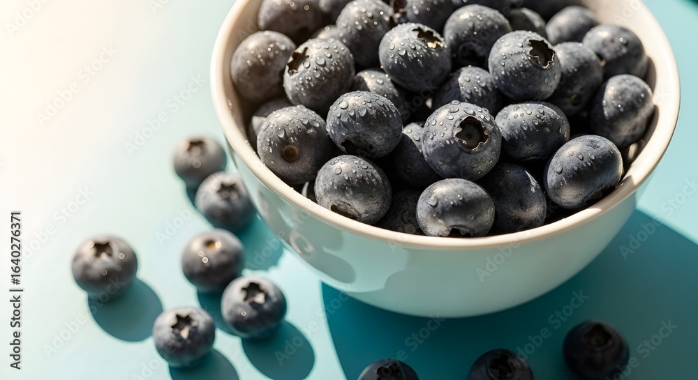 A white bowl filled with fresh blueberries with droplets of water, on a blue surface. A white bowl filled with fresh blueberries with droplets of water, on a blue surface.