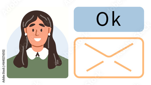 Portrait of smiling woman beside a message envelope and Ok confirmation. Ideal for communication, email services, feedback, customer support, messaging apps, business interaction, simple flat