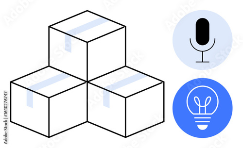 Three stacked boxes symbolize shipping and organization. A microphone represents communication, and a light bulb conveys ideas and innovation. Ideal for logistics, technology, communication