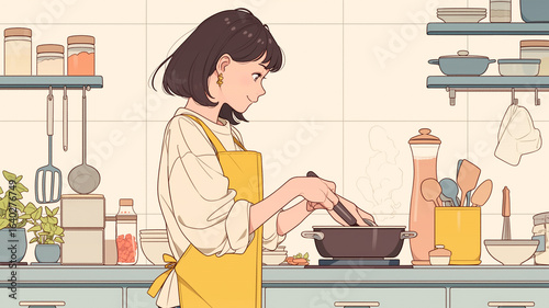 Cuadro en lienzo 日本のアニメーションタッチで描かれた、キッチンでエプロン姿の女性が料理をしているイラスト。新鮮な食材や調理器具に囲まれた温かな雰囲気と、日常の暮らしの中にある幸
