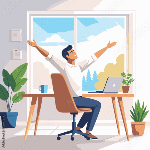 Concept of work-life balance with a cheerful man stretching happily at his modern home office desk by a sunny window.