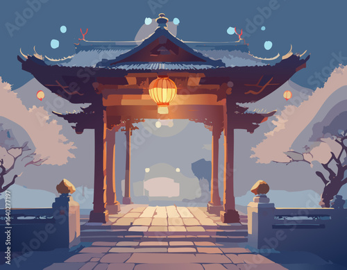 明りのついた冬の神社