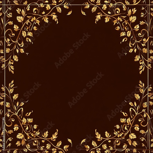 Elegant golden floral vine border design with intricate swirling leaves on a rich dark brown background