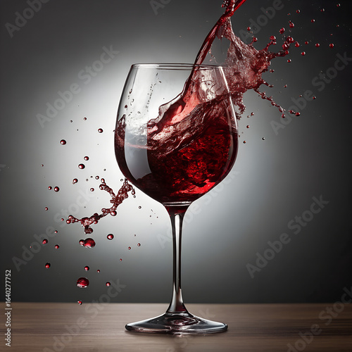 Captivating Wine Pour: A glass of wine is elegantly captured mid-pour, creating a dynamic burst of vibrant red, capturing the art of a refined experience.