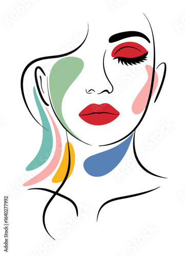 A minimalist line art illustration of a stylized face with
bold red lips and a closed red eye with black eyeliner