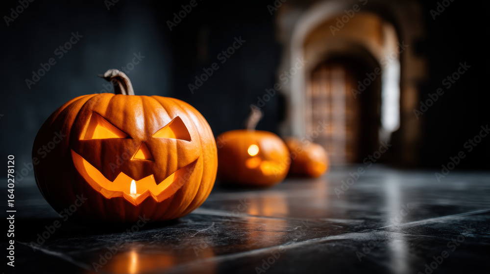 Fototapeta premium Carved pumpkins with glowing faces create spooky Halloween atmosphere in dimly lit hallway. halloween