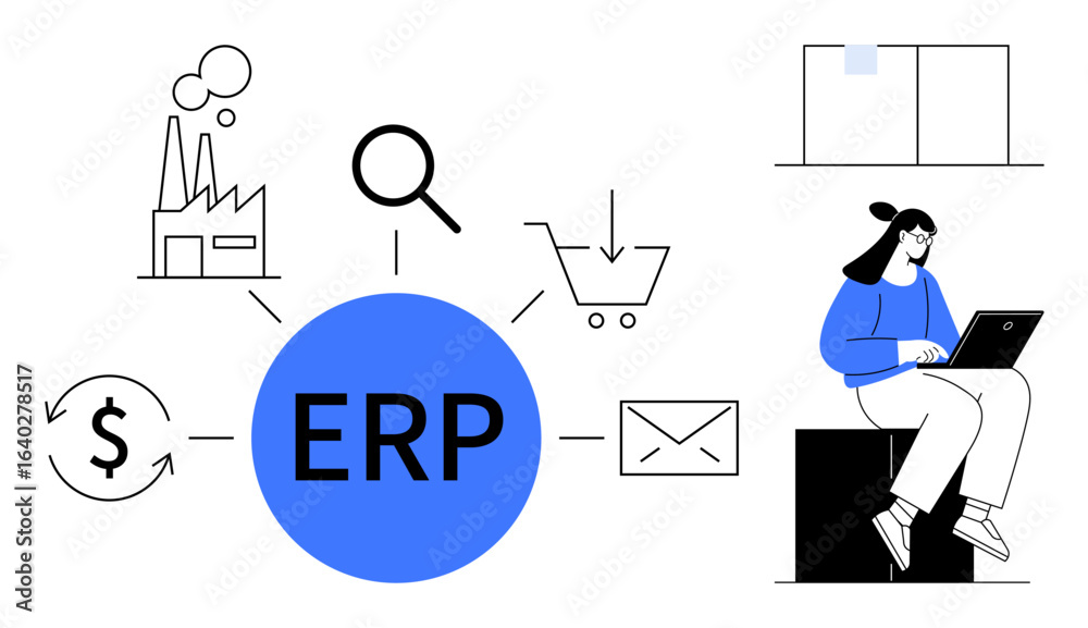 ERP system connecting tasks thumbs up factory operations, shopping carts, mail, finance. Woman using a laptop for productivity. Ideal for business, management, efficiency, organization ERP system connecting tasks thumbs up factory operations, shopping carts, mail, finance. Woman using a laptop for productivity. Ideal for business, management, efficiency, organization
