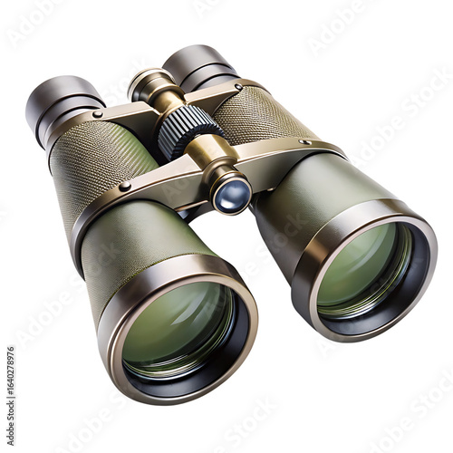Vintage Style Binoculars with Metallic Finish and Green Lenses Isolated on Black