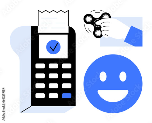 POS terminal with receipt showing confirmation, blue happy face, hand holding fidget spinner. Ideal for payment process, customer satisfaction, retail, technology, fun, business success simple