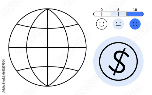 Globe outline, satisfaction scale with expressions, dollar symbol. Ideal for global economy, finance, satisfaction, globalization, poverty comparison, consumer feedback simple flat metaphor