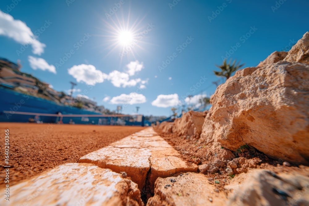 Naklejka premium Scenic Tennis Court with Vibrant Sunlight and Clear Blue Sky, Featuring Textured Ground and Boulders in Beautiful Outdoor Environment