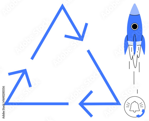 Three-arrow recycling triangle, a blue rocket symbolizing progress and speed, and alert bell denoting reminders. Ideal for sustainability, innovation, growth, alerts, environment, notifications