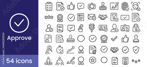 Approve and validation icon set with line style illustrations including check, quality, document, certified, verify, agreement, and accepted symbols for business contracts and quality control

