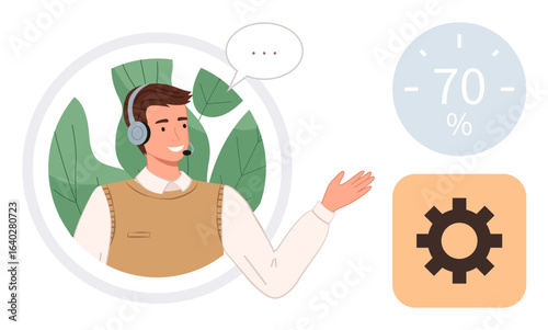 Customer support representative wearing headset engages in conversation. Features progress chart, settings gear. Ideal for communication, teamwork, customer service, technical support, workflow