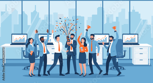Successful business team celebrating achievement with confetti in modern office setting, vector illustration 