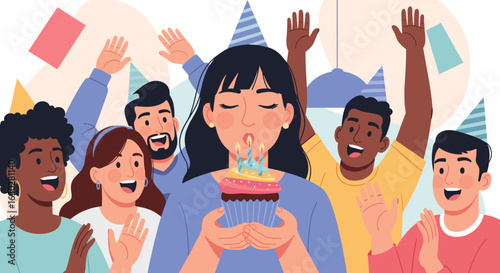 Birthday celebration with friends, woman blowing cupcake candles, festive atmosphere, colorful illustrator 