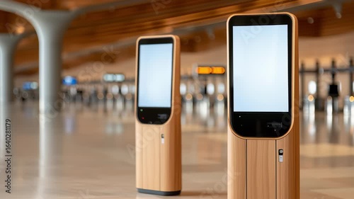 airport travel moments. Traveler at airport kiosk with digital displays in background.	
