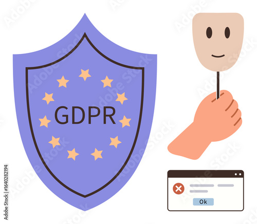 Shield labeled GDPR surrounded by stars, hand holding a smiling mask, denied browser notification. Ideal for data protection, privacy, identity fraud, consent, user control, anonymity compliance