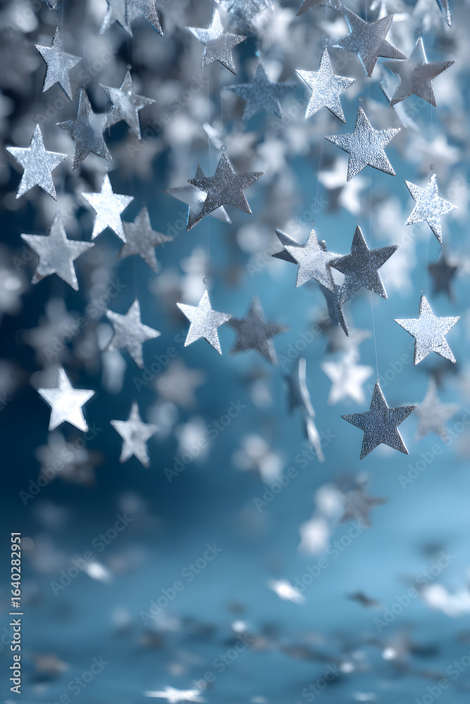 Fototapeta premium Falling silver stars on blue background, festive celebration and dreamy holiday atmosphere