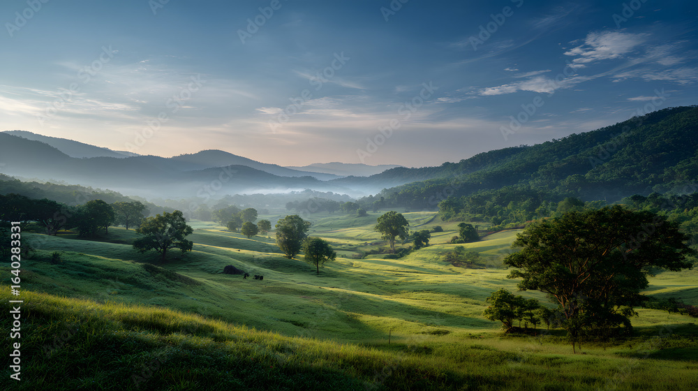 Obraz premium A serene landscape of rolling green fields under a bright blue sky at sunrise, surrounded by trees. This picturesque view embodies tranquility and the beauty of nature.